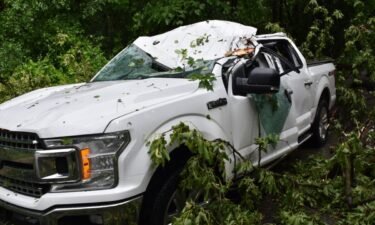 Two men have been hospitalized and are in critical condition after part of a tree hit their vehicles during yesterday's severe weather.