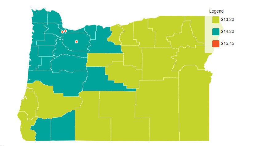Oregon's current minimum wage levels, rising 50 cents July 1st