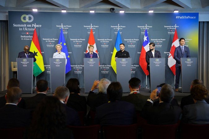 Ghana's President Nana Akufo-Addo, European Commission President Ursula von der Leyen, Switzerland's President Viola Amherd, Ukraine's President Volodymyr Zelenskiy, Chile's President Gabriel Boric, and Canada's Prime Minister Justin Trudeau attend the closing press conference of the Summit on Peace in Ukraine on June 16.
