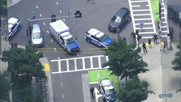 <i>WBZ via CNN Newsource</i><br/>Boston Police sealed off part of the Seaport after a shooting there.