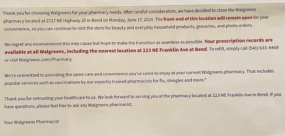A NewsChannel 21 viewer shared a letter received from Walgreens announcing the impending closure of their east Bend pharmacy.