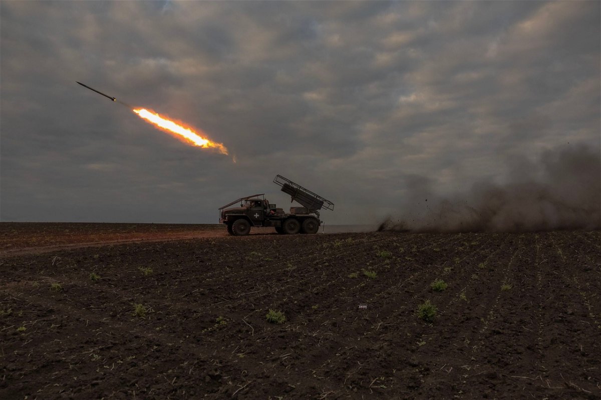 <i>Roman Pilipey/AFP/Getty Images via CNN Newsource</i><br/>Ukrainian forces launch a rocket toward Russian positions in the Kharkiv region
