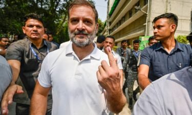 Congress leader Rahul Gandhi shows his ink-marked finger after casting his vote during the sixth phase of Lok Sabha elections