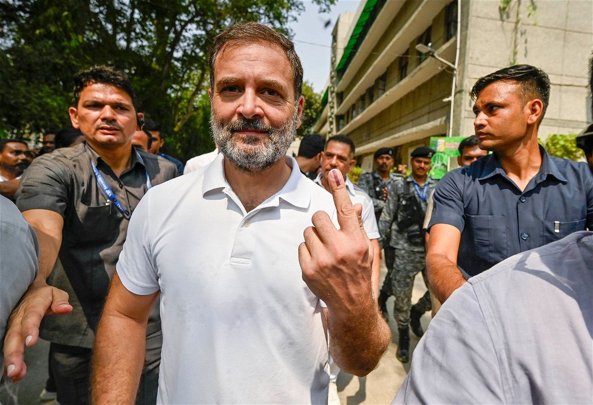 <i>Raj K Raj/Hindustan Times/Sipa/Reuters via CNN Newsource</i><br/>Congress leader Rahul Gandhi shows his ink-marked finger after casting his vote during the sixth phase of Lok Sabha elections