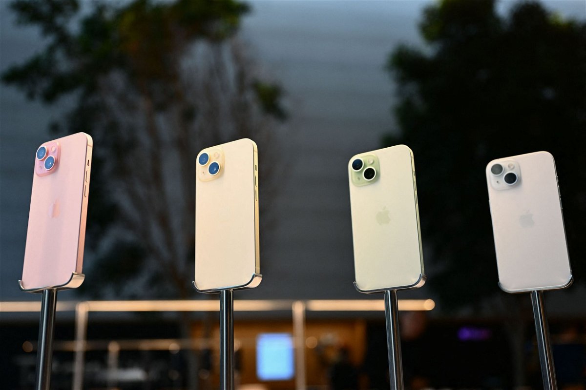 <i>Patrick T. Fallon/AFP/Getty Images via CNN Newsource</i><br/>The Apple iPhone 15 series displayed for sale at The Grove Apple retail store in Los Angeles