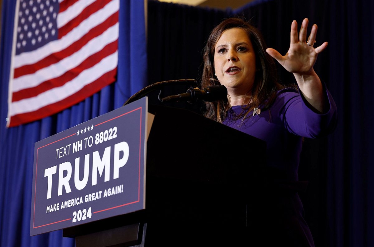 <i>Chip Somodevilla/Getty Images via CNN Newsource</i><br/>Rep Elise Stefanik speaks during a campaign rally for former President Donald Trump at the Grappone Convention Center on January 19