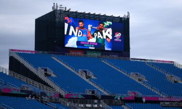 An LED screen inside Nassau County International Cricket Stadium displays the match information prior to the ICC Men's T20 Cricket World Cup match between India and Pakistan.
