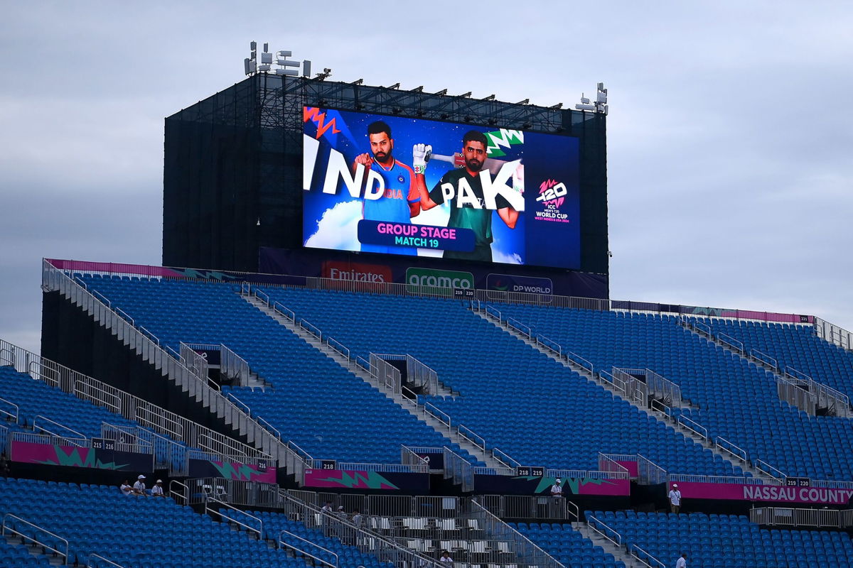 <i>Alex Davidson/ICC/Getty Images via CNN Newsource</i><br/>An LED screen inside Nassau County International Cricket Stadium displays the match information prior to the ICC Men's T20 Cricket World Cup match between India and Pakistan.