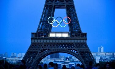 The Olympic rings on the Eiffel Tower in Paris.