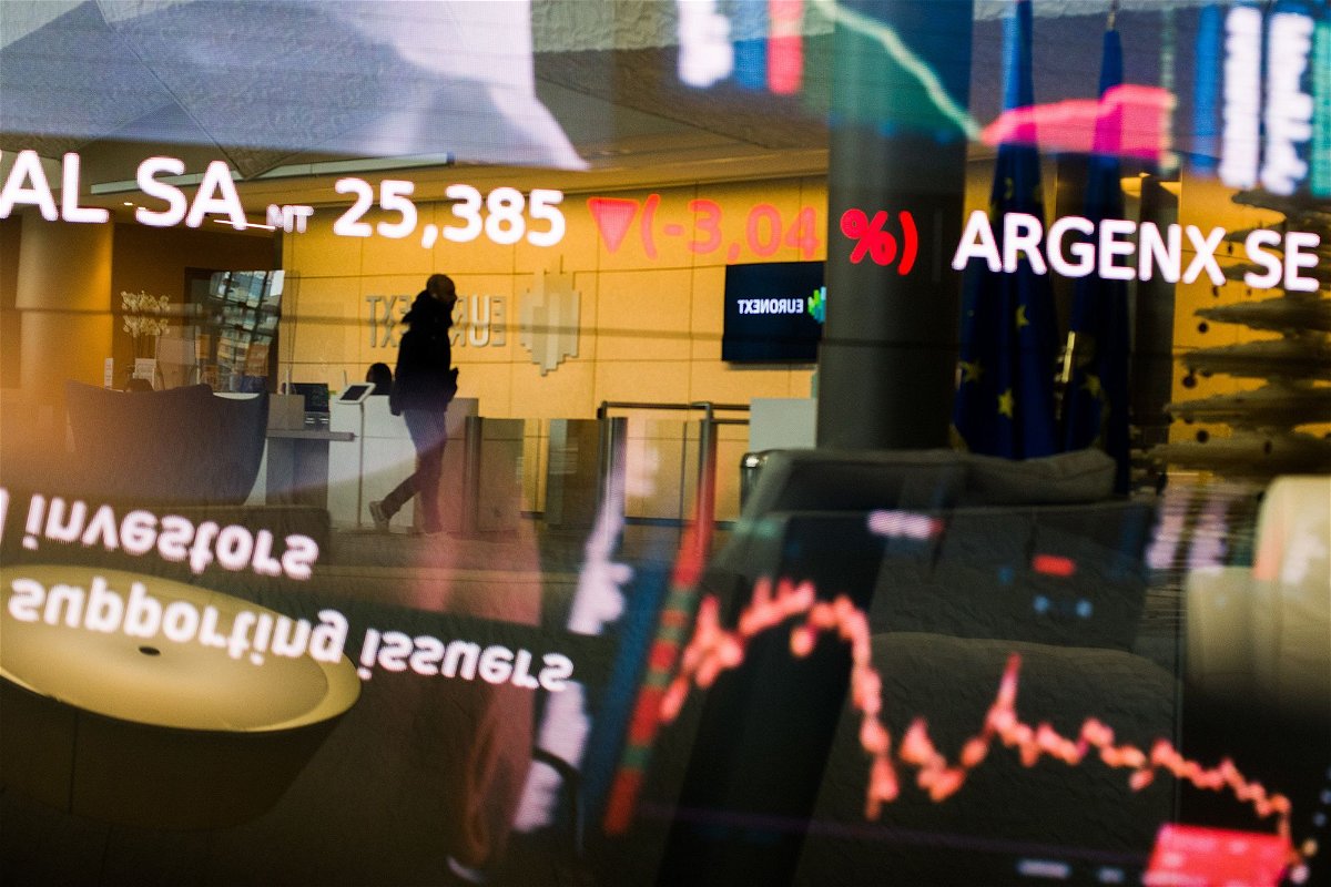 <i>Nathan Laine/Bloomberg/Getty Images via CNN Newsource</i><br/>Stock prices are displayed in the lobby of the Euronext NV stock exchange in Paris in December 2022. France’s CAC 40 index