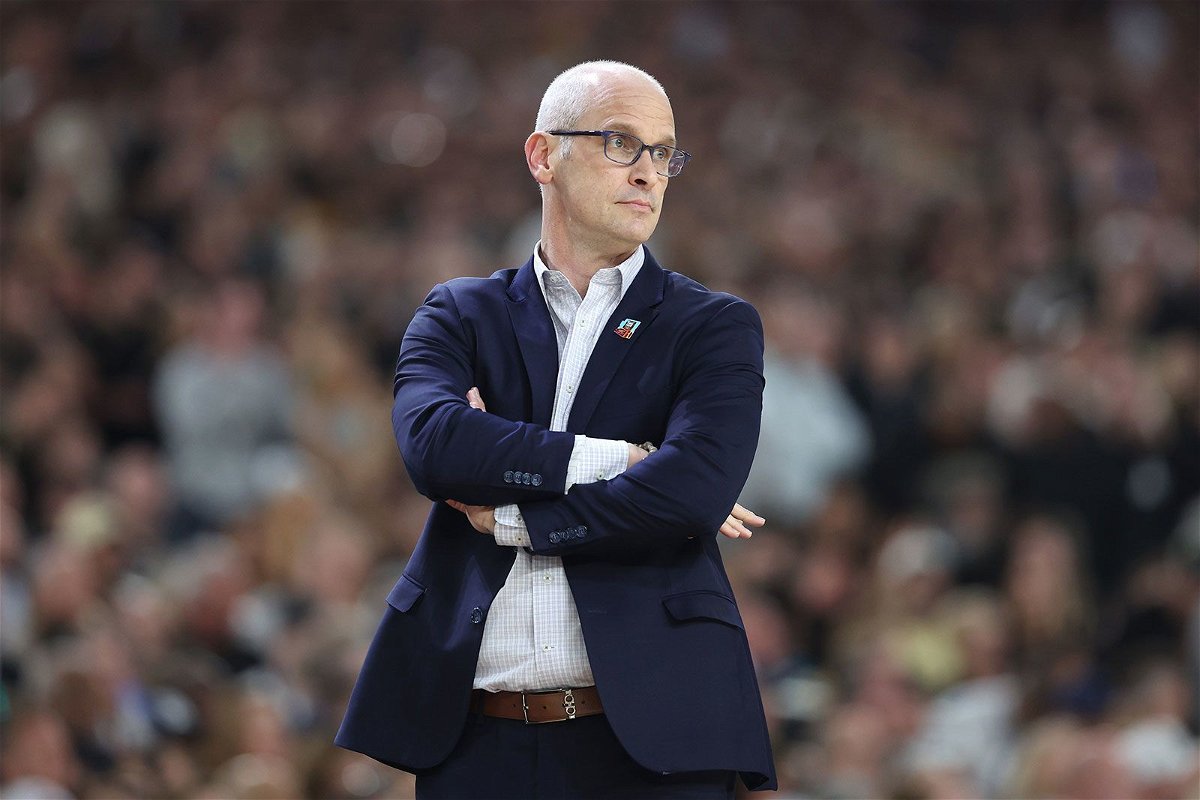 <i>Christian Petersen/Getty Images/File via CNN Newsource</i><br/>Connecticut Huskies head coach Dan Hurley watches the first half against the Purdue Boilermakers during the NCAA Men's Basketball Tournament National Championship game in April.