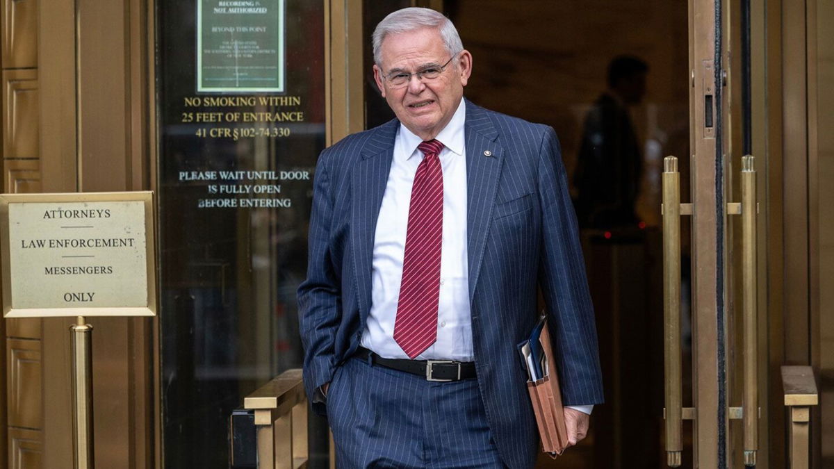 <i>Victor J. Blue/Bloomberg/Getty Images via CNN Newsource</i><br/>New Jersey Sen. Bob Menendez exits federal court in New York City on June 10.