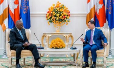 US Defence Secretary Lloyd Austin listens as Cambodia's Prime Minister Hun Manet speaks during a meeting at the Peace Palace in Phnom Penh on June 4.