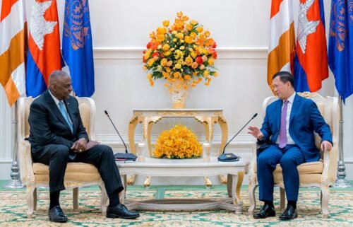 US Defence Secretary Lloyd Austin listens as Cambodia's Prime Minister Hun Manet speaks during a meeting at the Peace Palace in Phnom Penh on June 4.
