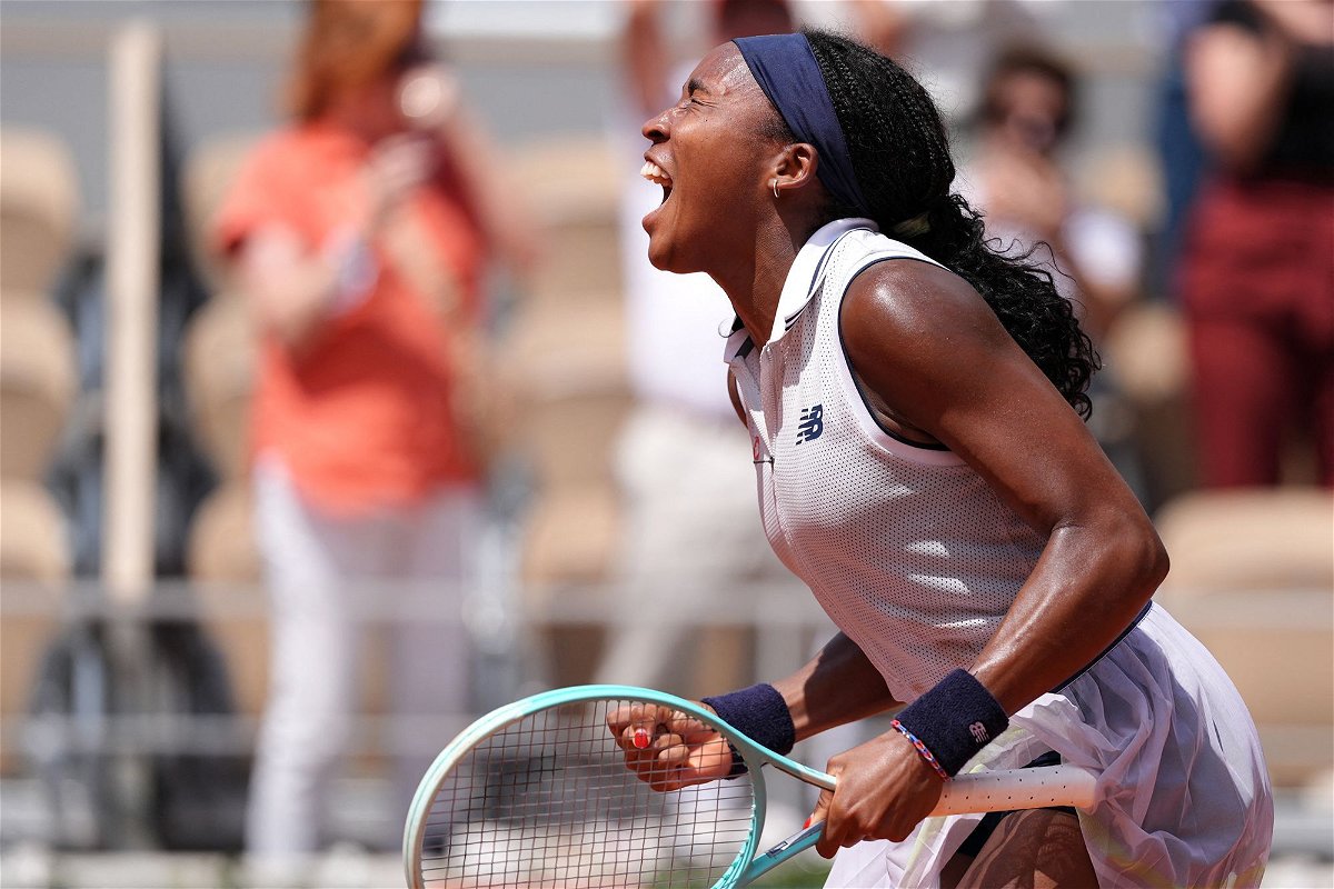 <i>Dimitar Dilkoff/AFP/Getty Images via CNN Newsource</i><br/>Gauff celebrates her close French Open victory against Ons Jabeur.