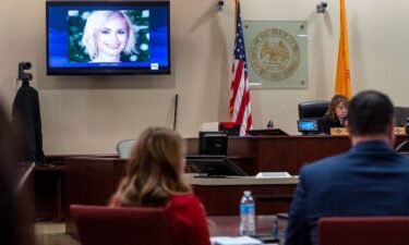 A photo of cinematographer Halyna Hutchins is displayed during the trial of Hannah Gutierrez Reed in Santa Fe