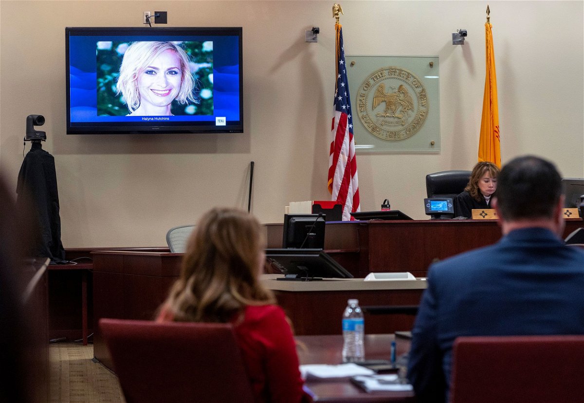 <i>Eddie Moore/Pool/The Albuquerque Journal/AP via CNN Newsource</i><br/>A photo of cinematographer Halyna Hutchins is displayed during the trial of Hannah Gutierrez Reed in Santa Fe