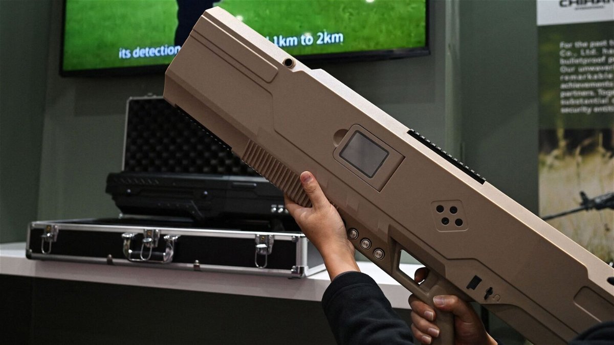 <i>Miguel Medina/AFP/Getty Images/File via CNN Newsource</i><br/>A handheld drone detection jammer is displayed during a security exhibition in Villepinte
