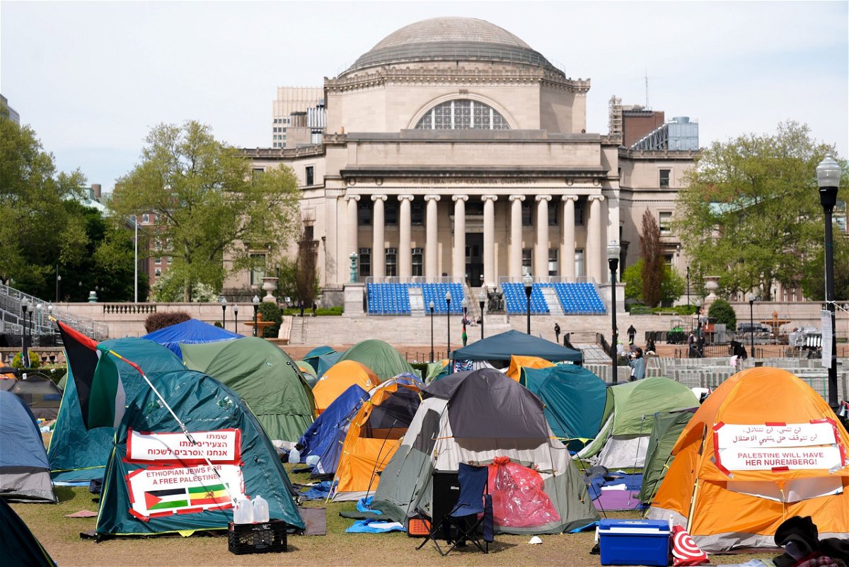 <i>Mary Altaffer/Pool/Getty Images via CNN Newsource</i><br/>Protesters camp at Columbia University in April. The website for the Columbia Law Review is no longer accessible following the publication of an article critical of Israel that the publication’s board said did not go through the proper review process.