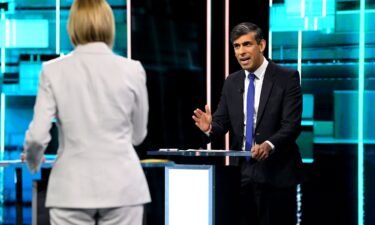 Prime Minister and Conservative Party leader Rishi Sunak is questioned by ITV host Julie Etchingham during the first election debate on June 4 in Manchester