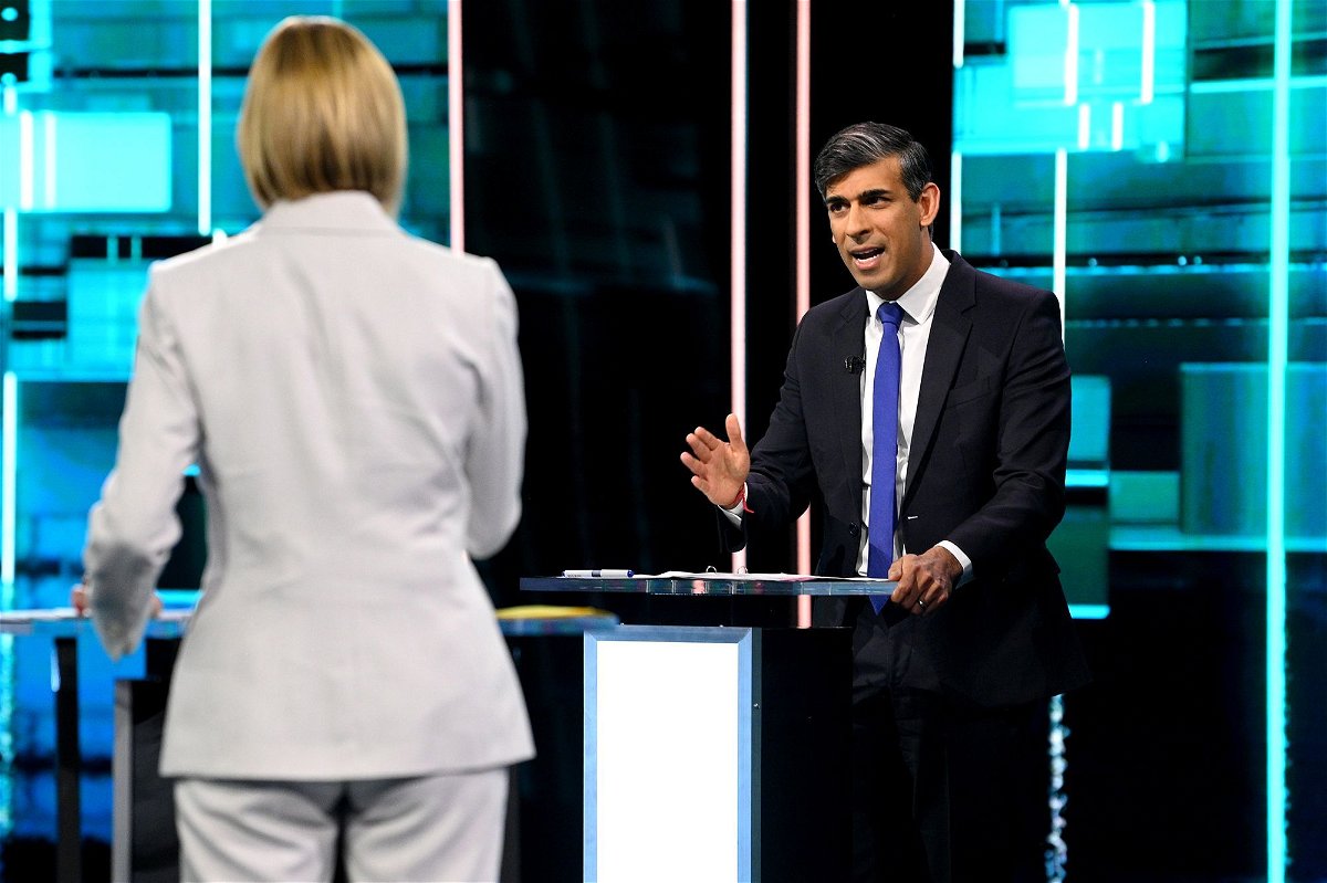 <i>Jonathan Hordle/ITV/Getty Images via CNN Newsource</i><br/>Prime Minister and Conservative Party leader Rishi Sunak is questioned by ITV host Julie Etchingham during the first election debate on June 4 in Manchester