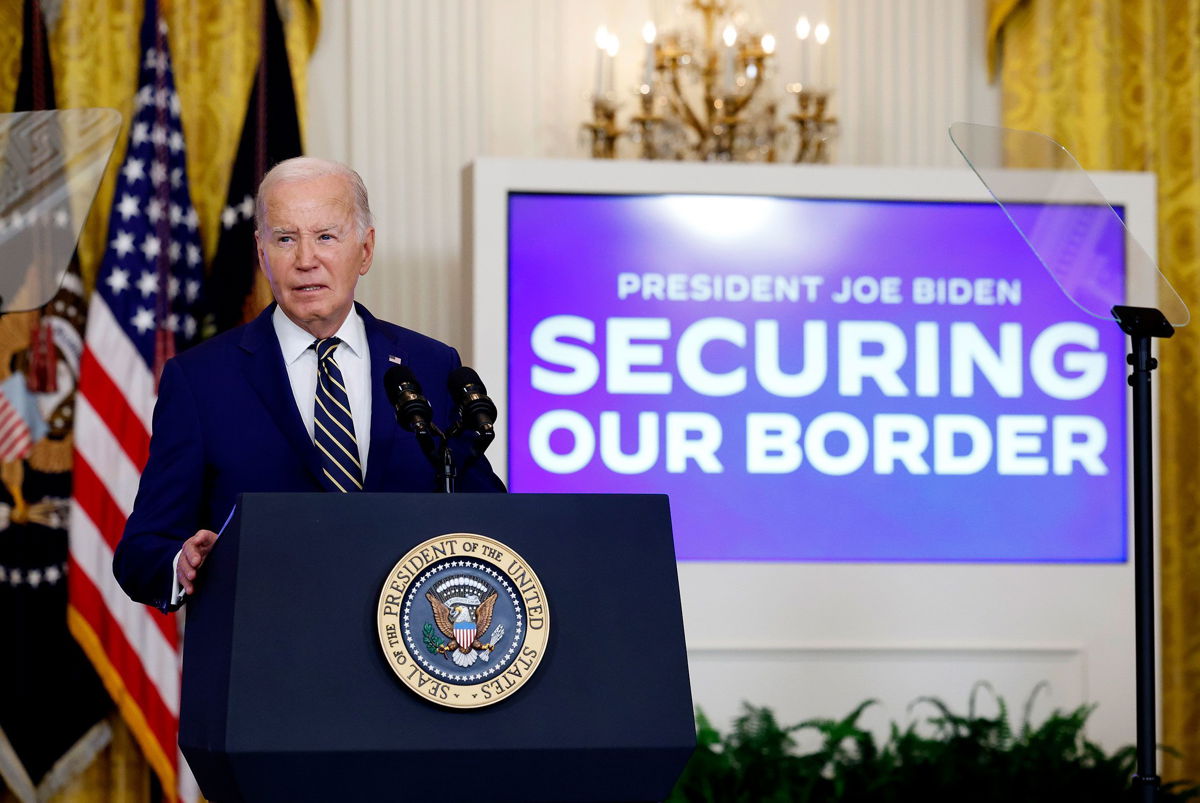 <i>Kevin Dietsch/Getty Images via CNN Newsource</i><br/>President Joe Biden delivers remarks on an executive order limiting asylum in the East Room of the White House on June 4