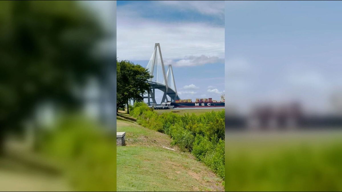 <i>Vince Lendacki via CNN Newsource</i><br/>A still picture taken from a video shows a container ship heading toward the Arthur Ravenel Jr. Bridge in Mt. Pleasant