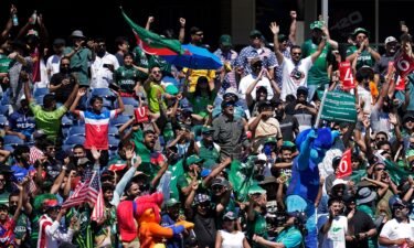 Fans react after a boundary hit by Pakistan batsman during the ICC Men's T20 World Cup cricket match between United States and Pakistan at the Grand Prairie Stadium in Grand Prairie