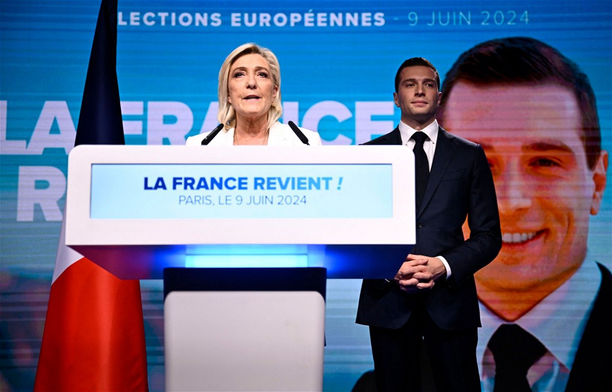<i>Julien De Rosa/AFP/Getty Images via CNN Newsource</i><br/>Marine Le Pen and Jordan Bardella address a crowd of RN supporters in Paris