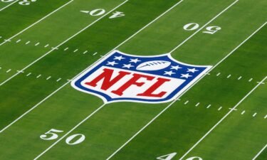 A detail view of the NFL shield logo painted on the field before the Super Bowl LVIII in February 2024 in Las Vegas.