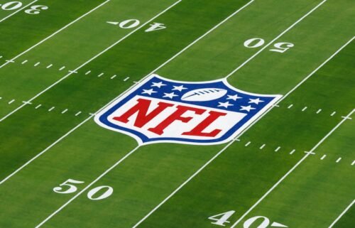 A detail view of the NFL shield logo painted on the field before the Super Bowl LVIII in February 2024 in Las Vegas.