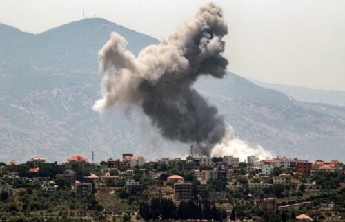 Smoke billows during Israeli bombardment on the village of Khiam in south Lebanon near the border with Israel on June 19