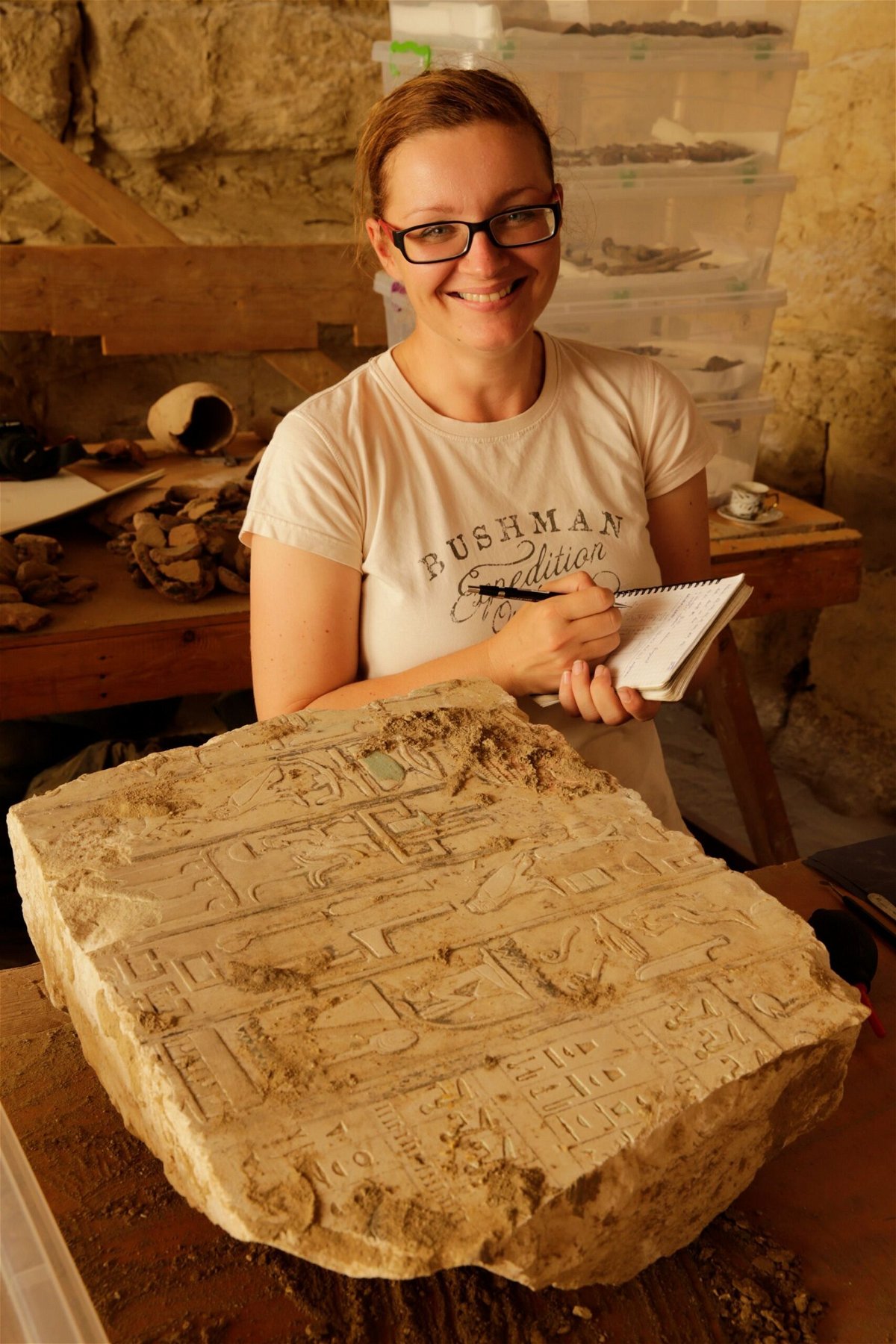 <i>Martin Frouz/Archive of Czech Institute of Egyptology; Faculty of Arts; Charles University via CNN Newsource</i><br/>Egyptologist Veronika Dulíková appears on site at Abusir documenting a hieroglyphic inscription from the tomb of the official Idu.