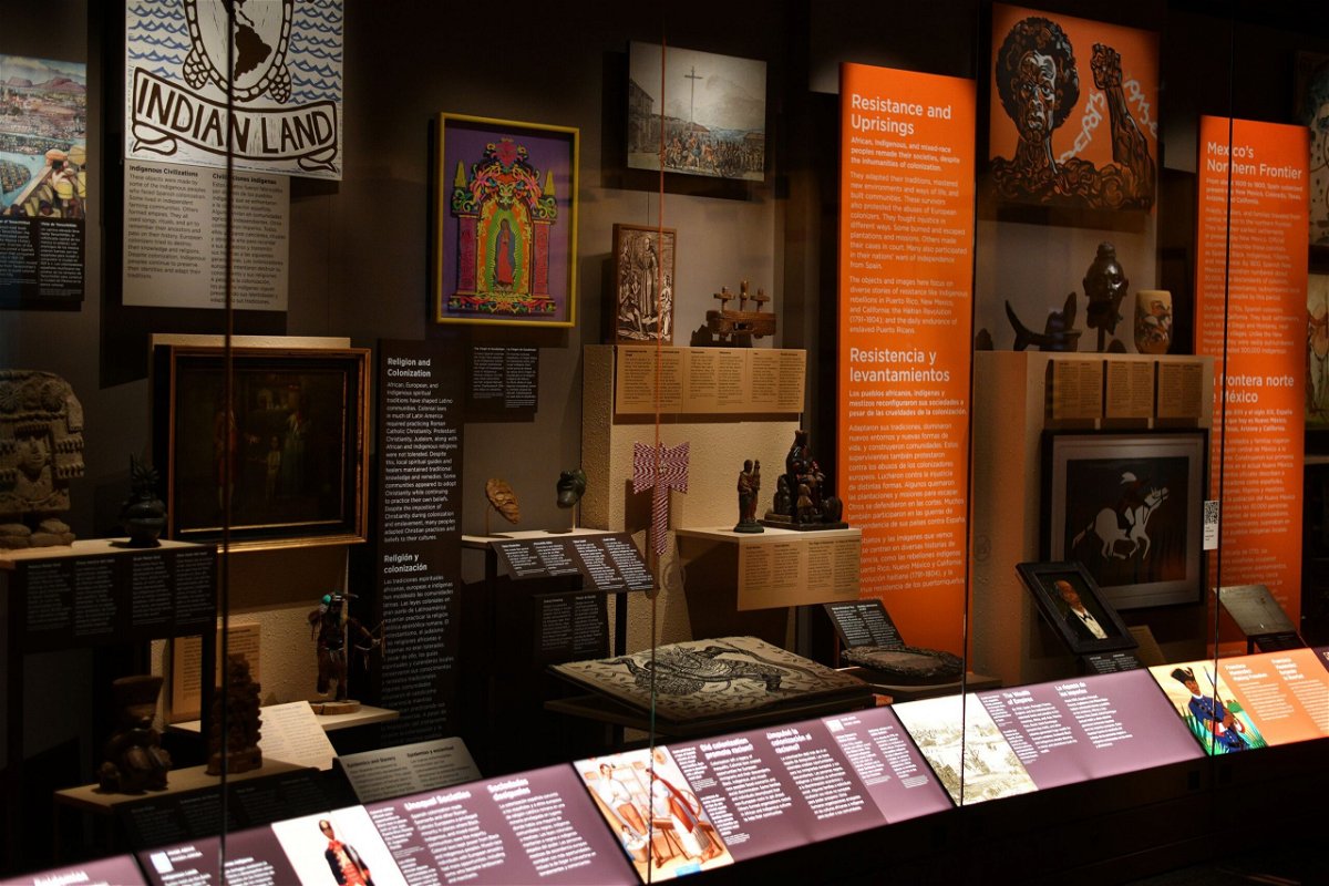 <i>Astrid Riecken for The Washington Post/Getty Images/File via CNN Newsource</i><br/>Artifacts and description displays of the American Latino exhibition of the National Museum are seen at the Molina Family Latino Gallery in Washington