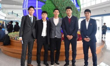 An Yong Hak (in the middle) and Han Kwang Song (far right) in Pyongyang in 2019 with other North Korean soccer players.