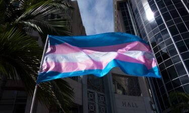 A transgender flag is seen waving during a gathering at City Hall in Orlando
