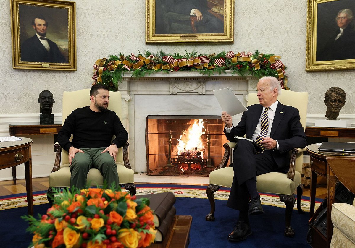 <i>Leah Millis/Reuters via CNN Newsource</i><br/>US President Joe Biden meets with Ukrainian President Volodymyr Zelenskiy at the White House