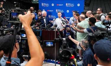 Porziņģis talks to the media ahead of Game 3 of the 2024 NBA Finals.
