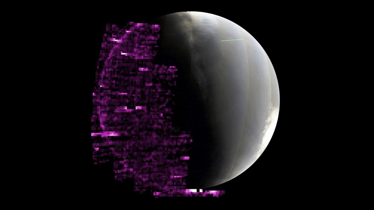 <i>JPL via CNN Newsource</i><br/>The bright purple color depicts auroras on Mars’ nightside that were detected by the ultraviolet instrument aboard NASA’s MAVEN orbiter between May 14 and 20.
