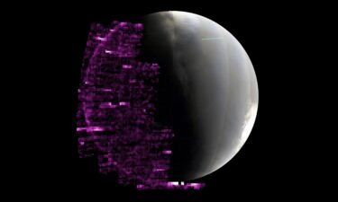 The bright purple color depicts auroras on Mars’ nightside that were detected by the ultraviolet instrument aboard NASA’s MAVEN orbiter between May 14 and 20.