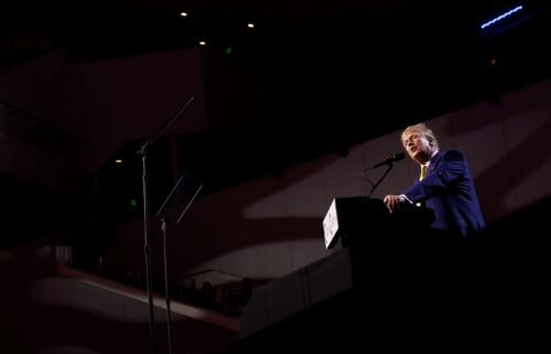 Former US President Donald Trump speaks during a Turning Point PAC town hall at Dream City Church on June 6