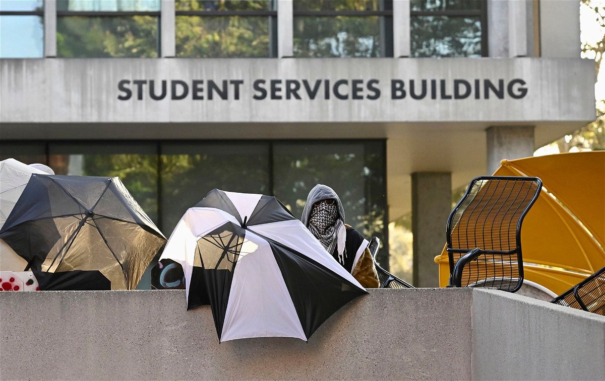 <i>Keith Birmingham/The Orange County Register/AP via CNN Newsource</i><br/>Pro-Palestinian student protesters barricade the entrance to the student services building at California State University