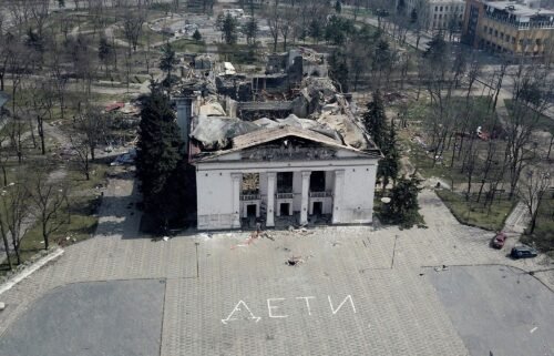 The destroyed Mariupol theater building pictured in April 2022.