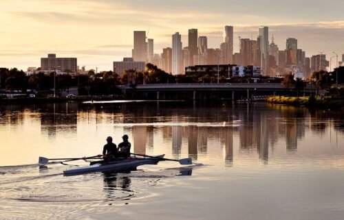 Rowers make their way along the Maribyrnong River outside of Melbourne