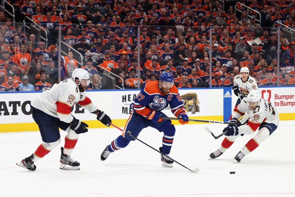 <i>Bruce Bennett/Getty Images via CNN Newsource</i><br/>The Oilers' Connor McDavid skates against the Panthers during Game 3.