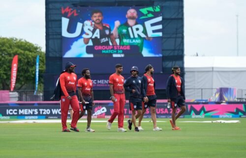 USA players walk on the field before the T20 World Cup match against Ireland.