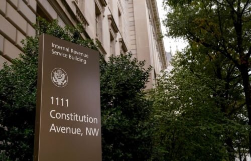 This September 2020 photo shows a sign for the Internal Revenue Service building in Washington
