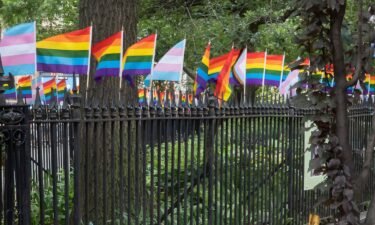 The flag installation seen in June 2023 on the fence at Christopher Park is part of the Stonewall National Monument in New York City.