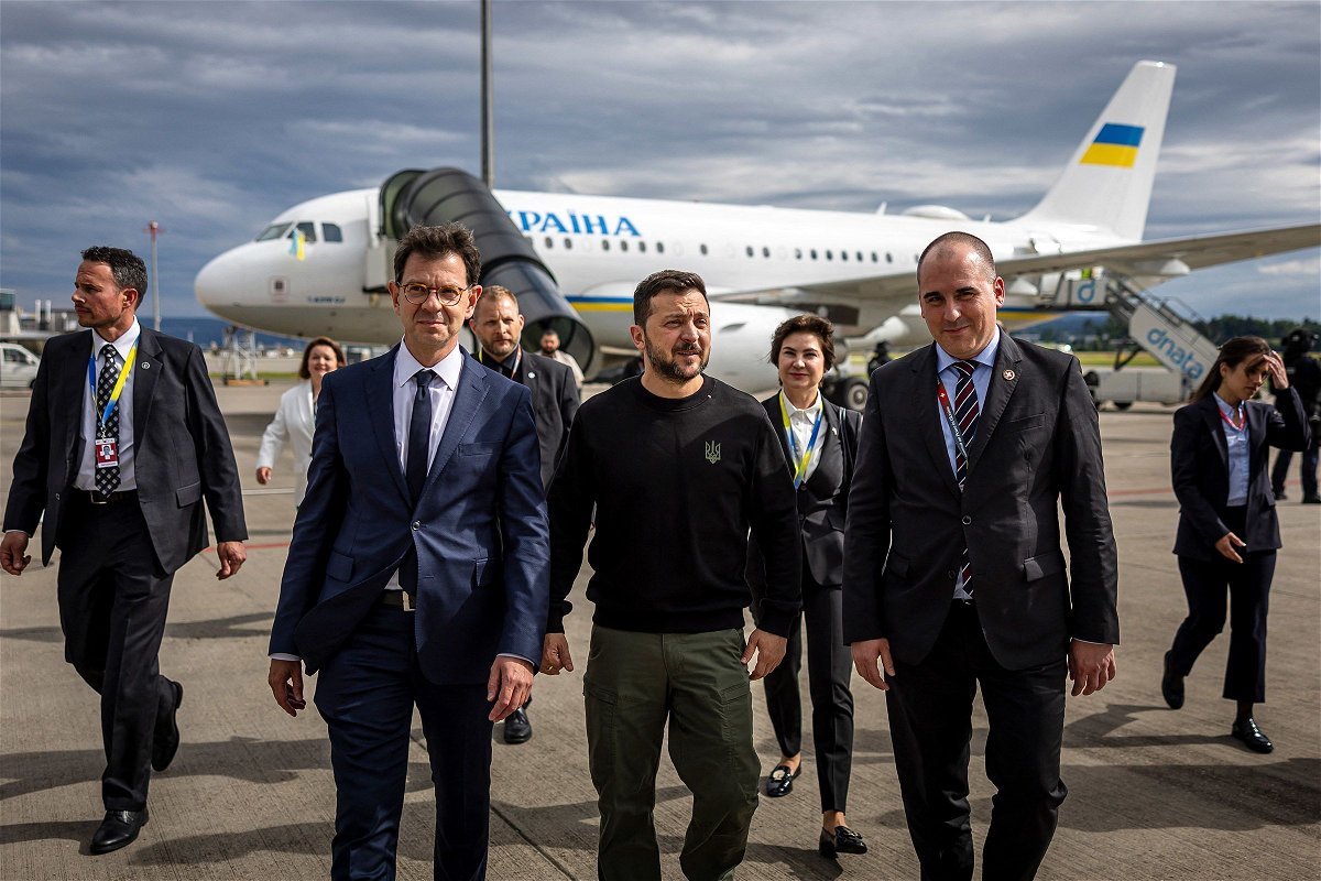 <i>Michael Buholzer/Pool/AFP/Getty Images via CNN Newsource</i><br/>Ukrainian President Volodymyr Zelensky arrives in Switzerland on Friday ahead of a peace summit set to take place over the weekend.