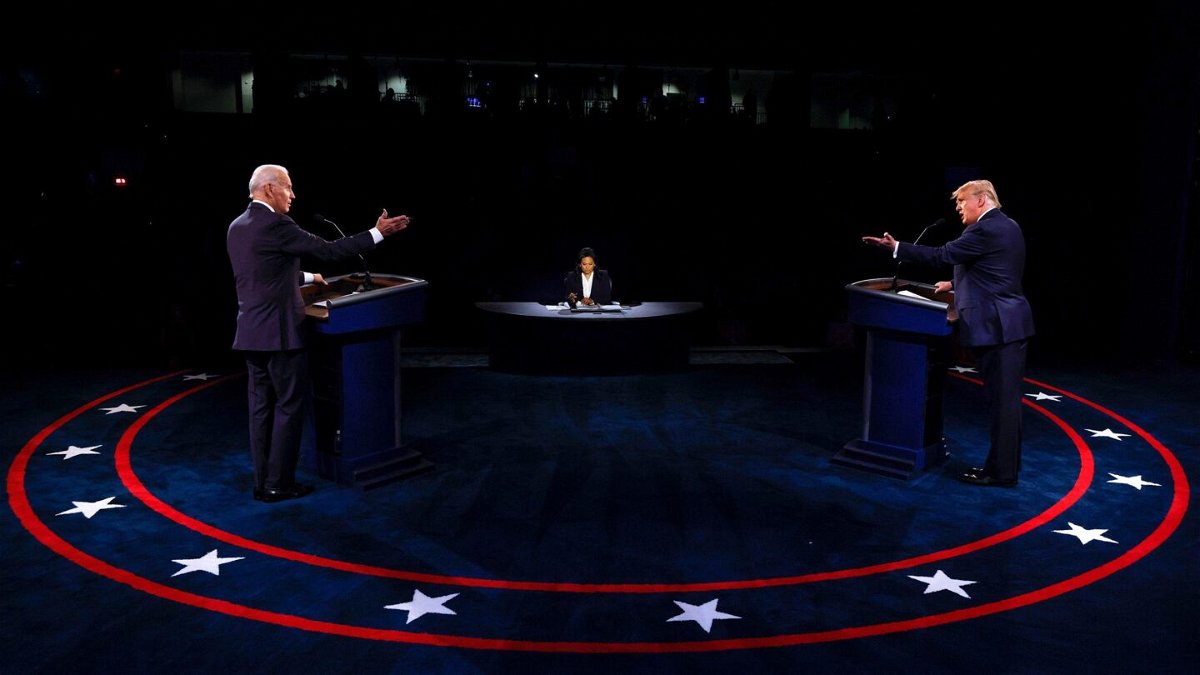 <i>Jim Bourg/Pool/AFP/Getty Images/File via CNN Newsource</i><br/>Donald Trump and Joe Biden participate in the final 2020 presidential debate
